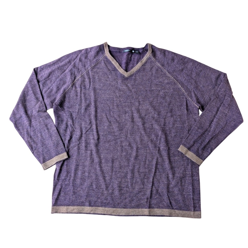Agave Lux 2XL Merino Wool V Neck Sweater Purple‎ Brown Trim Mens Long Sleeve